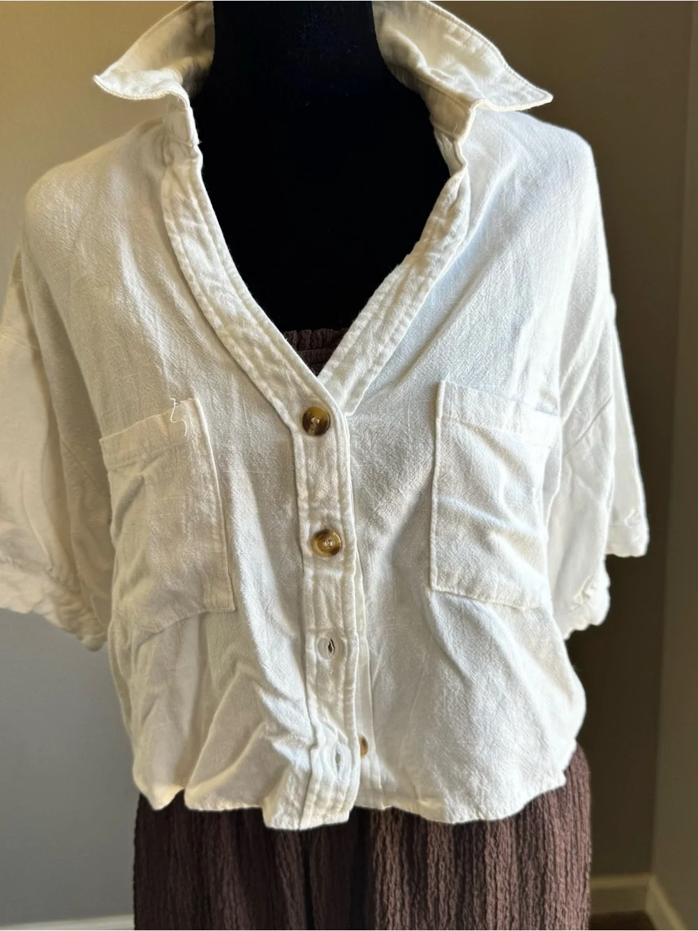 Altar'd State Cream Cropped Button-Up Collared Top - Picture 1 of 4